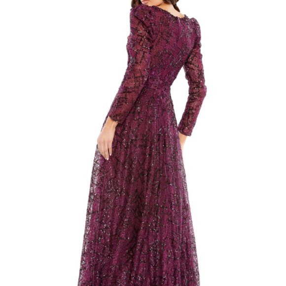 MAC DUGGAL EMBELLISHED V-NECK LONG SLEEVE A-LINE PLUM GOWN sz 12 - Picture 2 of 6